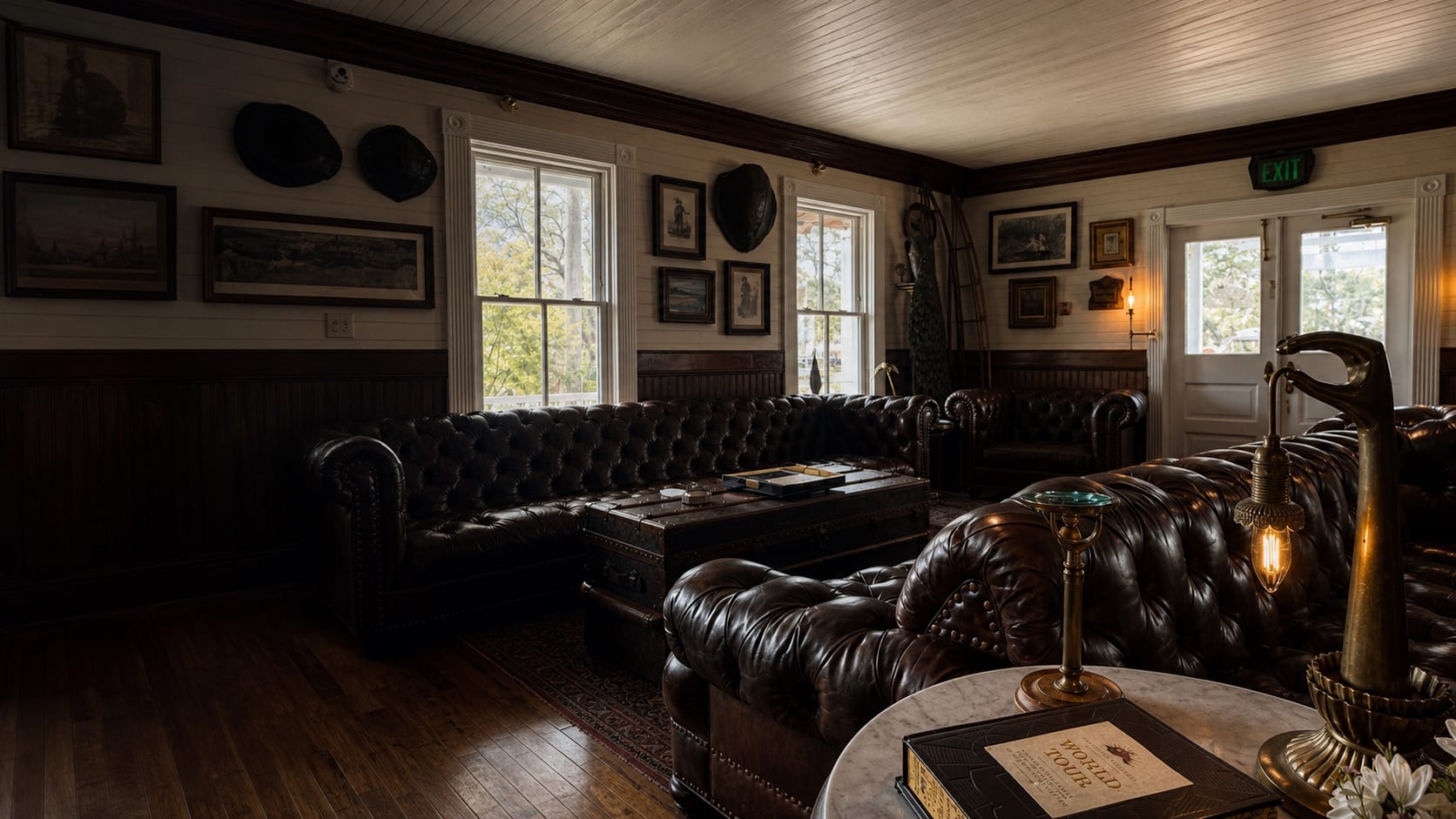 A warmly lit wood-paneled lounge with worn leather chairs